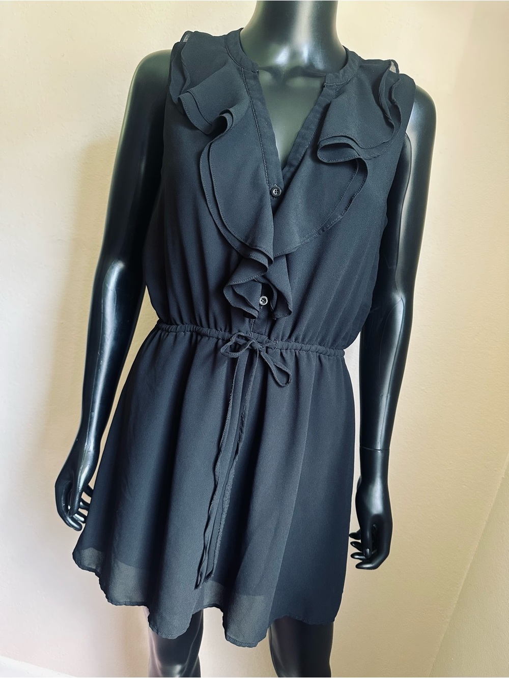 Love Tree Black Chiffon Ruffle-Front Drawstring Mini Dress - Picture 2 of 13